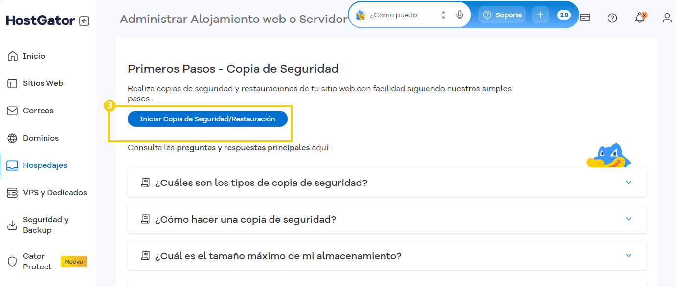 Imagen de la pantalla de gestión de copias de seguridad, donde se destaca la opción Iniciar copia de seguridad/restauración.