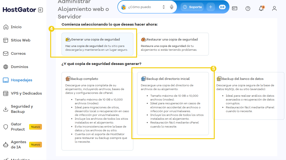 Imagen de la pantalla de gestión de copias de seguridad, donde se muestra la opción para generar una copia de seguridad.