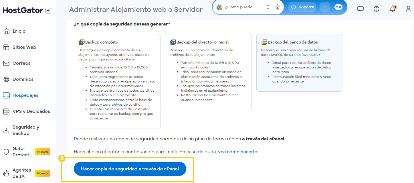 Imagen del portal del cliente, donde se destaca el botón de copia de seguridad.
