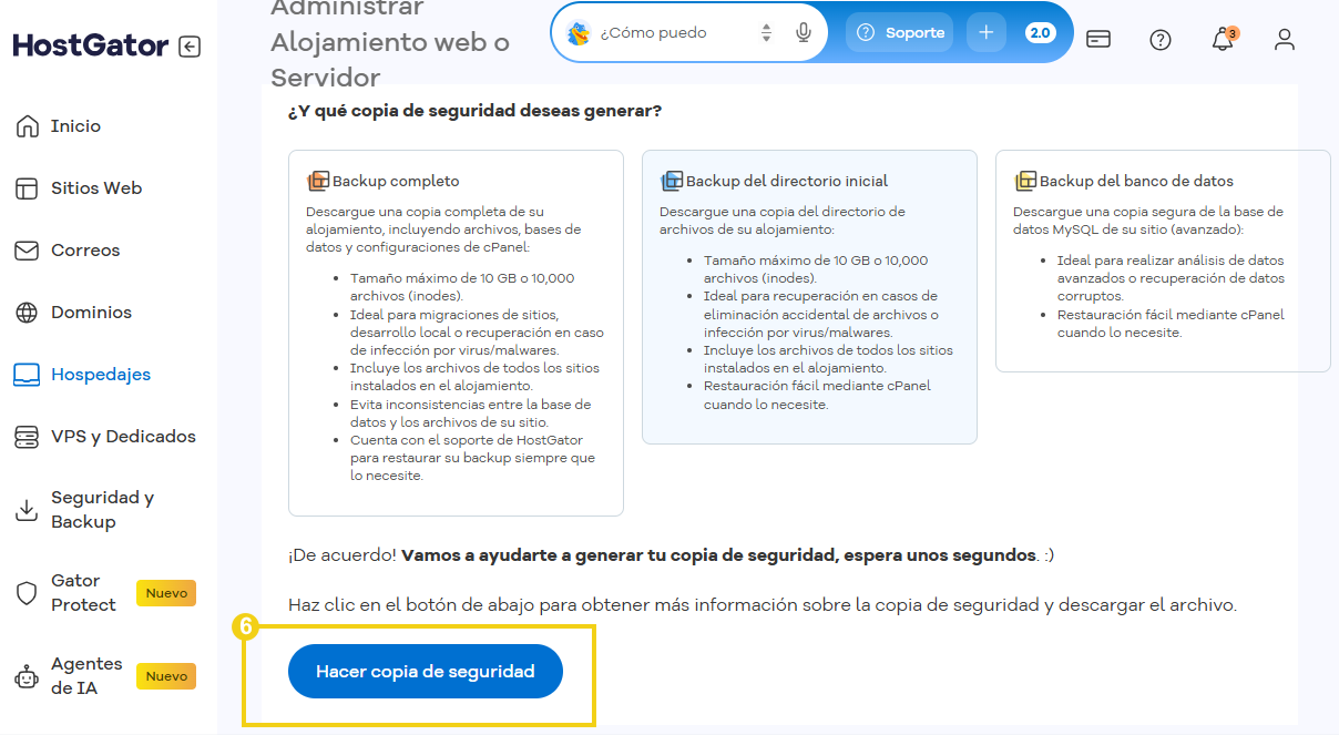 Imagen de la pantalla de gestión de copias de seguridad, que muestra la opción de copia de seguridad.
