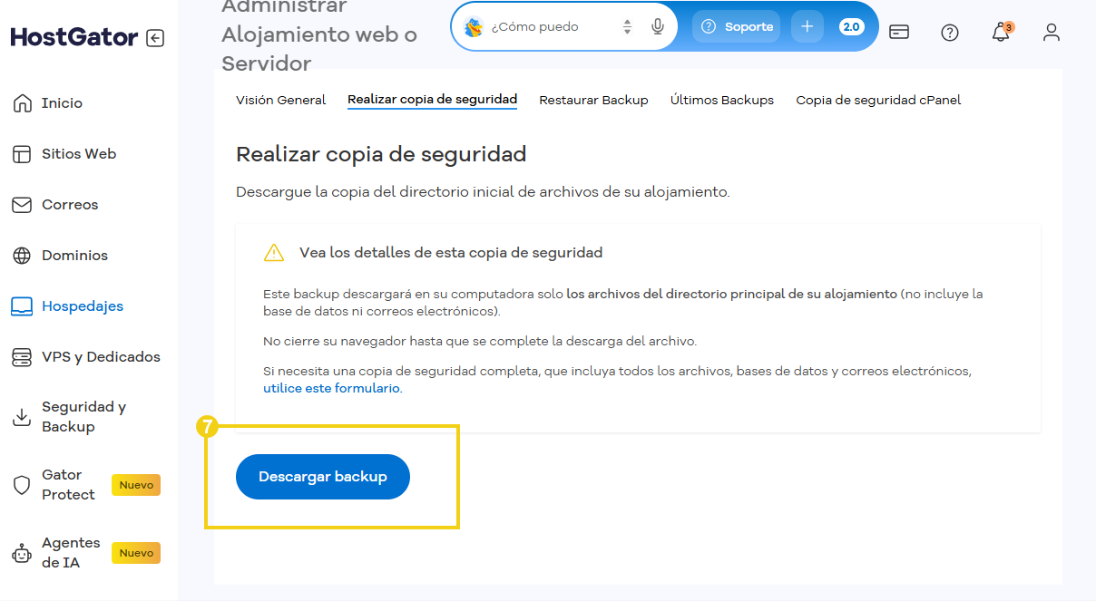 Imagen de la pantalla de gestión de copias de seguridad, que muestra la opción de descarga de la copia de seguridad.