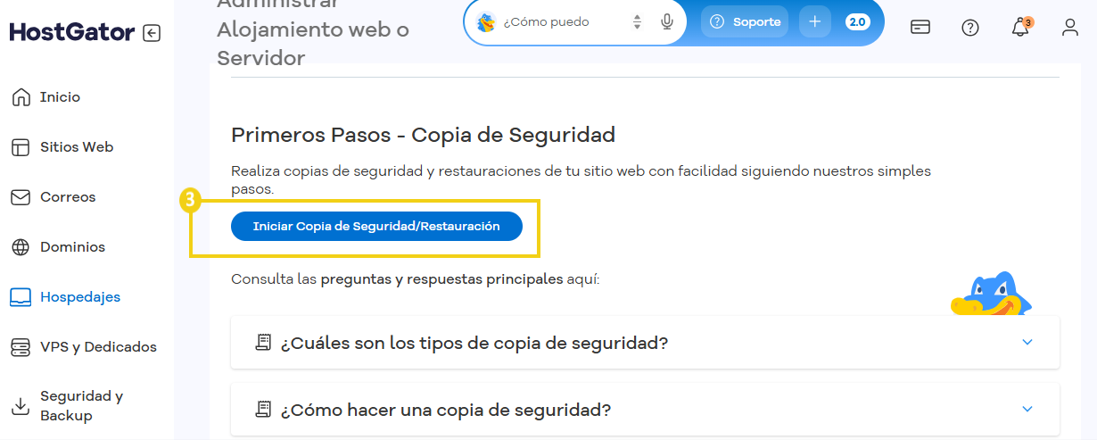 Imagen de la pantalla de administración del alojamiento desde el Portal del Cliente, donde se destaca el botón "Copia de seguridad".