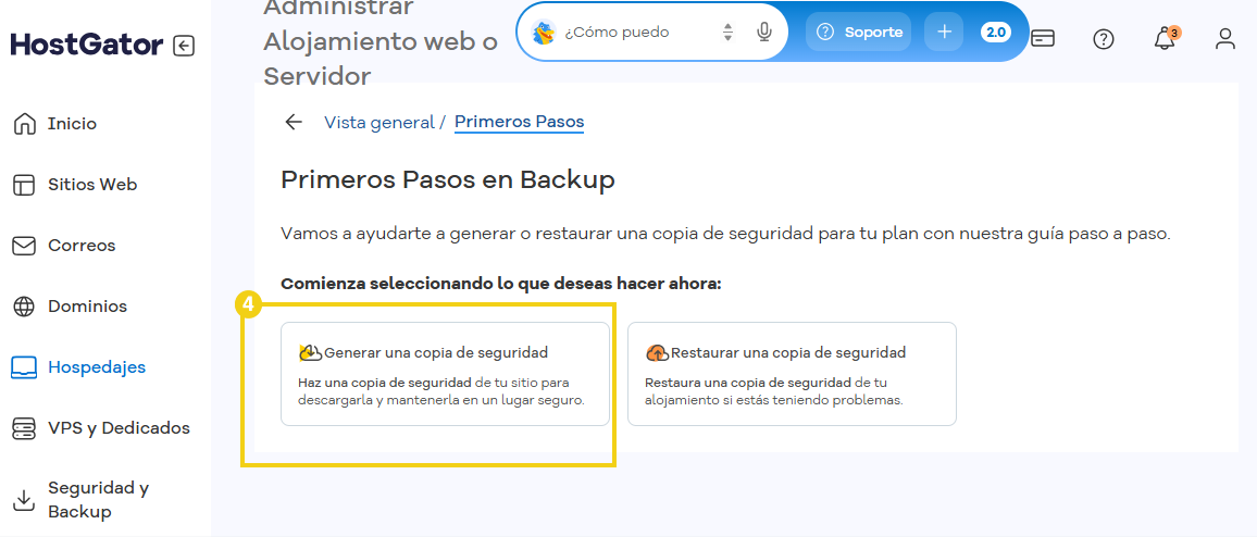 Imagen del portal del cliente, donde se destaca la opción para iniciar una copia de seguridad.