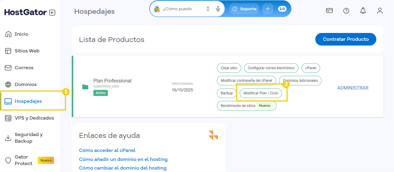 Portal del cliente en la parte de hospedajes y servidores, destacando el boton modificar plan o ciclo