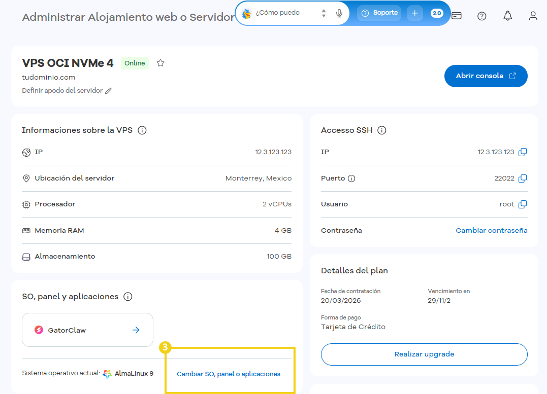 Pantalla del panel de control de alojamiento en HostGator mostrando la gestión de VPS