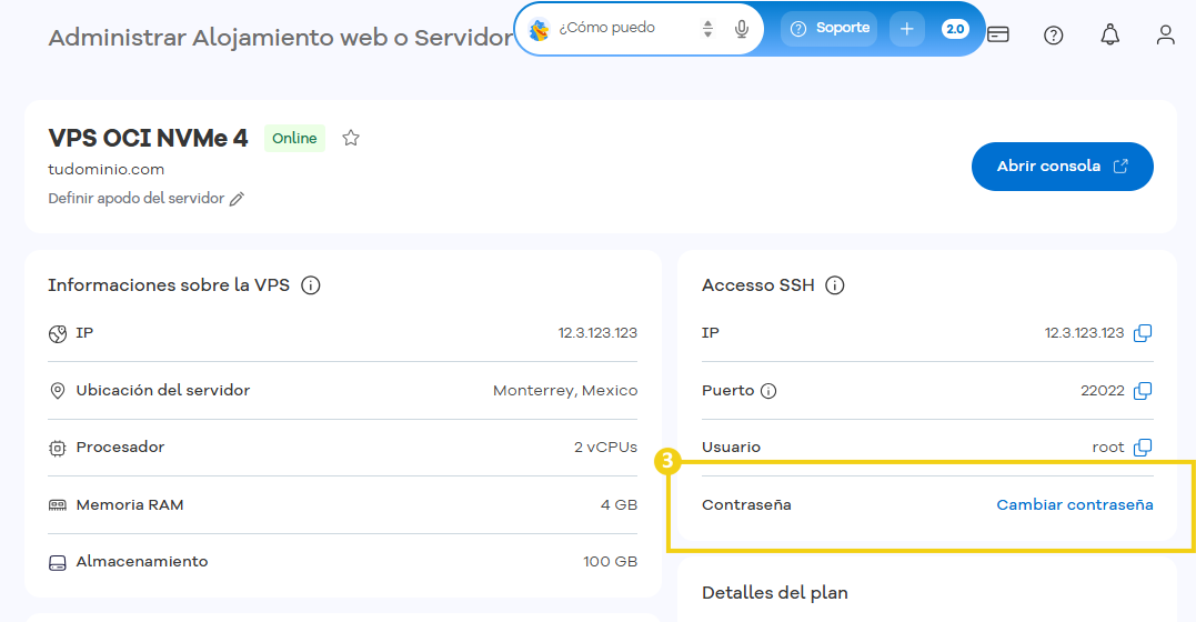 Imagen del Portal del Cliente de HostGator, destacando la opción “Contraseña”.