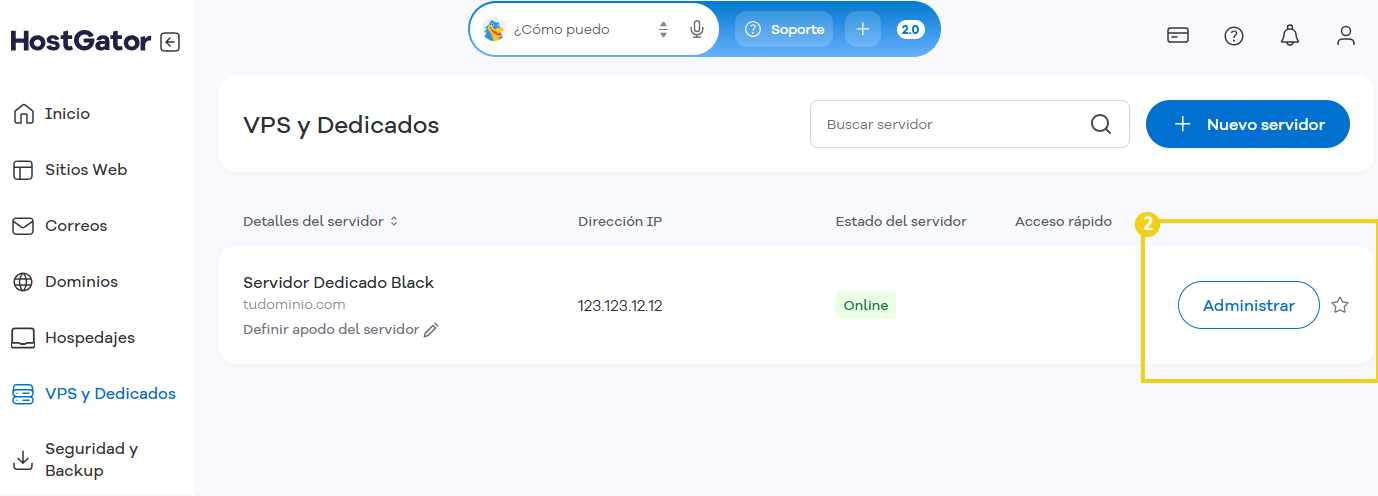 Imagen del Portal del Cliente que muestra el acceso a la sección de "Alojamientos y Servidores" y luego los accesos disponibles para el servidor y gestión
