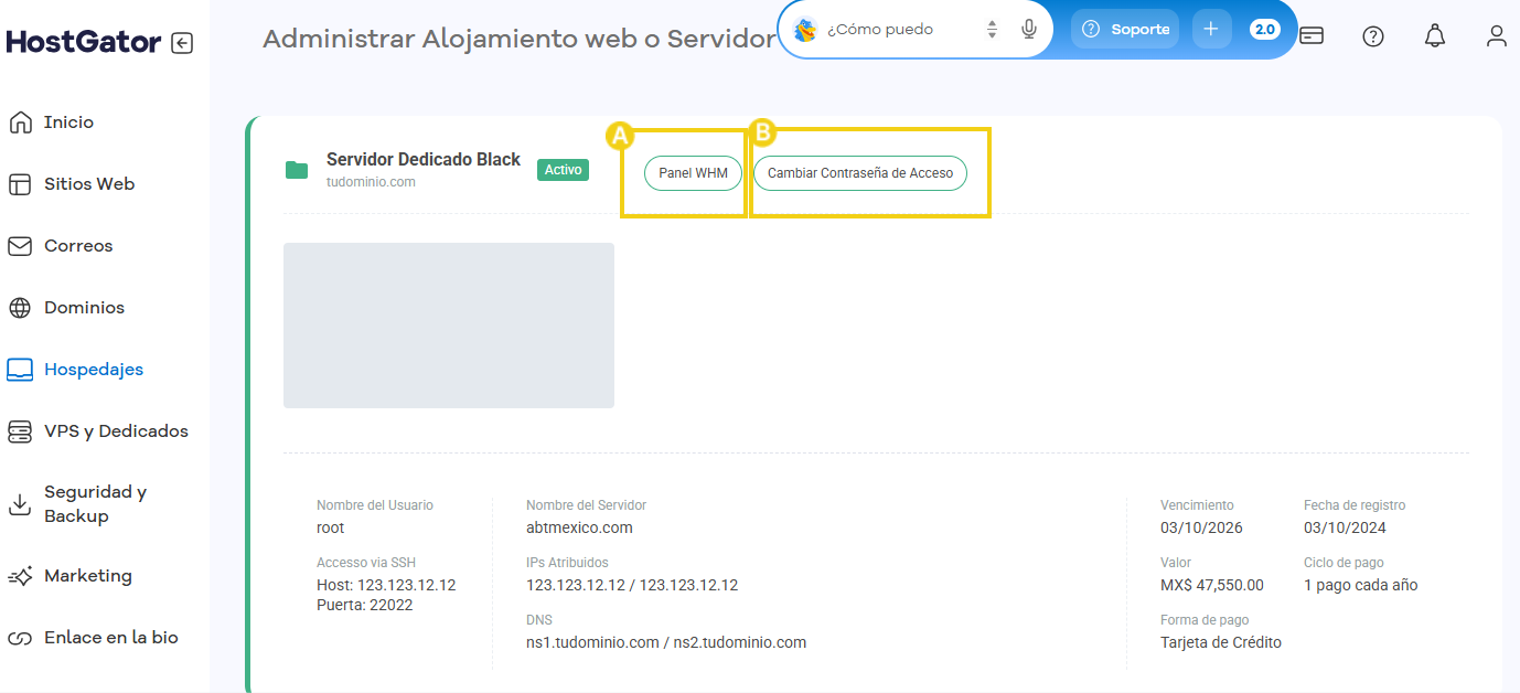 Imagen del área de administración de VPS y servidores dedicados en el portal del cliente.