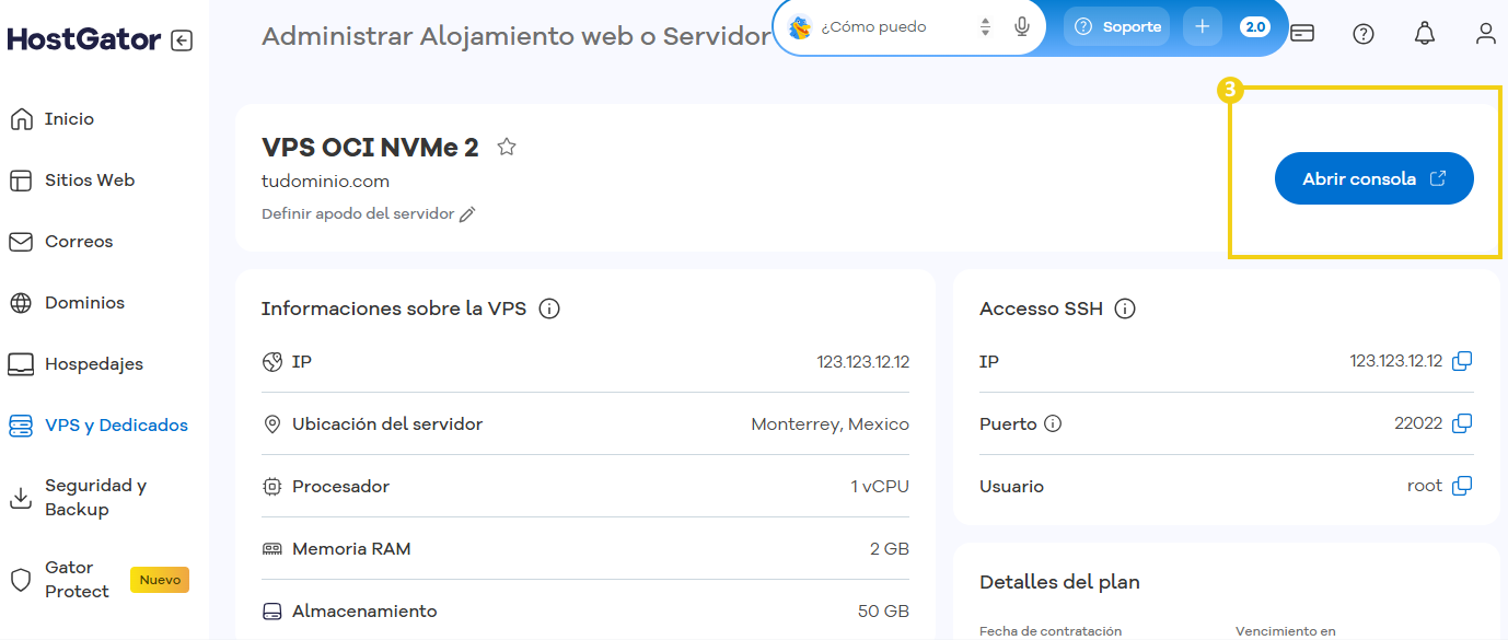 Configuración de VPS para gestión de hospedaje o servidor en la nube en el panel de control con detalles de la sesión y opciones de administración