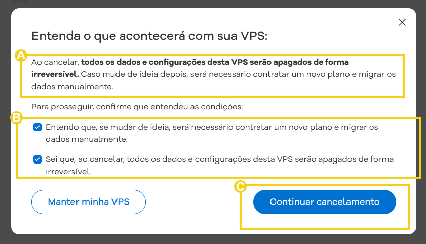 VPS HostGator — mensaje de cancelación con las dos casillas de confirmación y el botón Continuar cancelación
