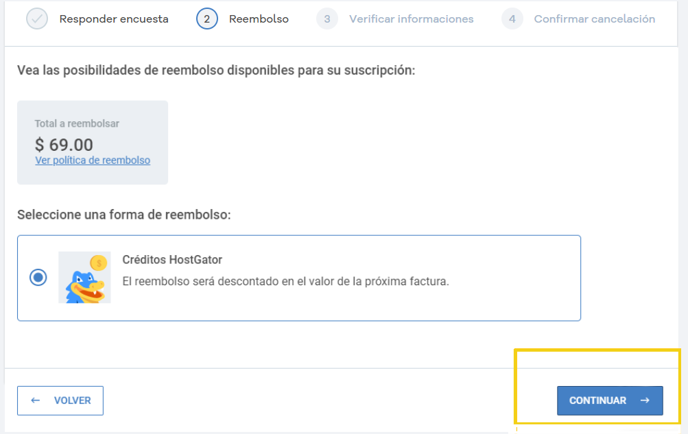 Imagen del portal de clientes de Hostgator que muestra información sobre los reembolsos disponibles.