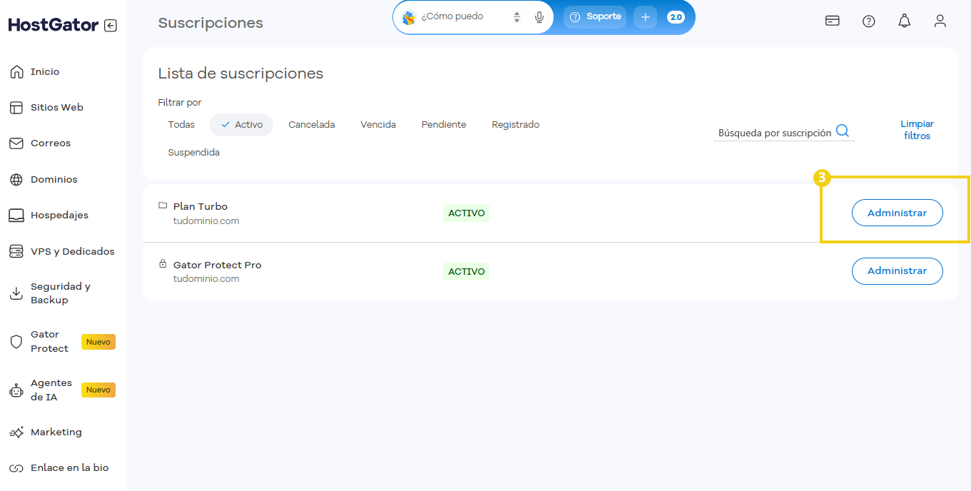 Imagen del portal de clientes de Hostgator que muestra la pantalla de gestión de suscripciones y el botón de gestión.