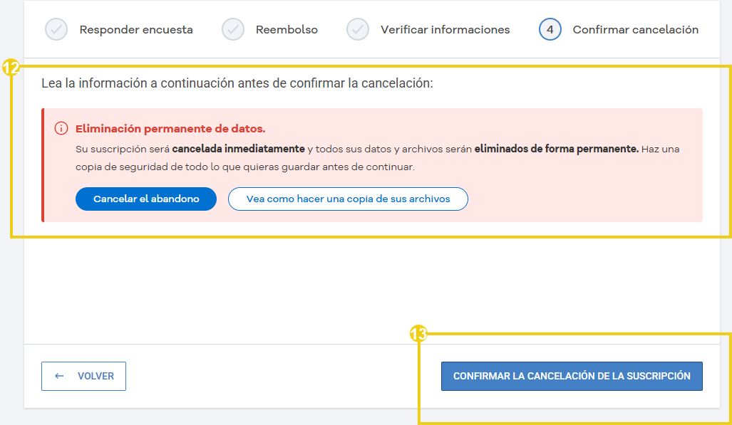 Panel de HostGator con la opción de cancelar una suscripción del plan Emprendedor y el botón de confirmación destacado.