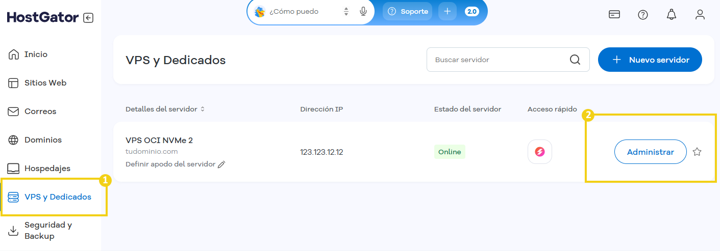 Imagen muestra el Portal del Cliente con la marcación en el menú lateral en la opción "VPS y Dedicados" que debe ser seleccionada para acceder a la sección de "Administrar" posteriormente.