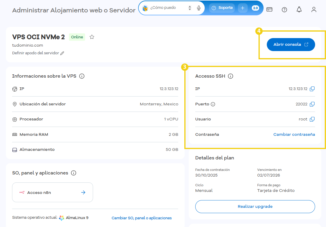 Configuración de VPS en el panel de control con detalles de la sesión y opciones de administración