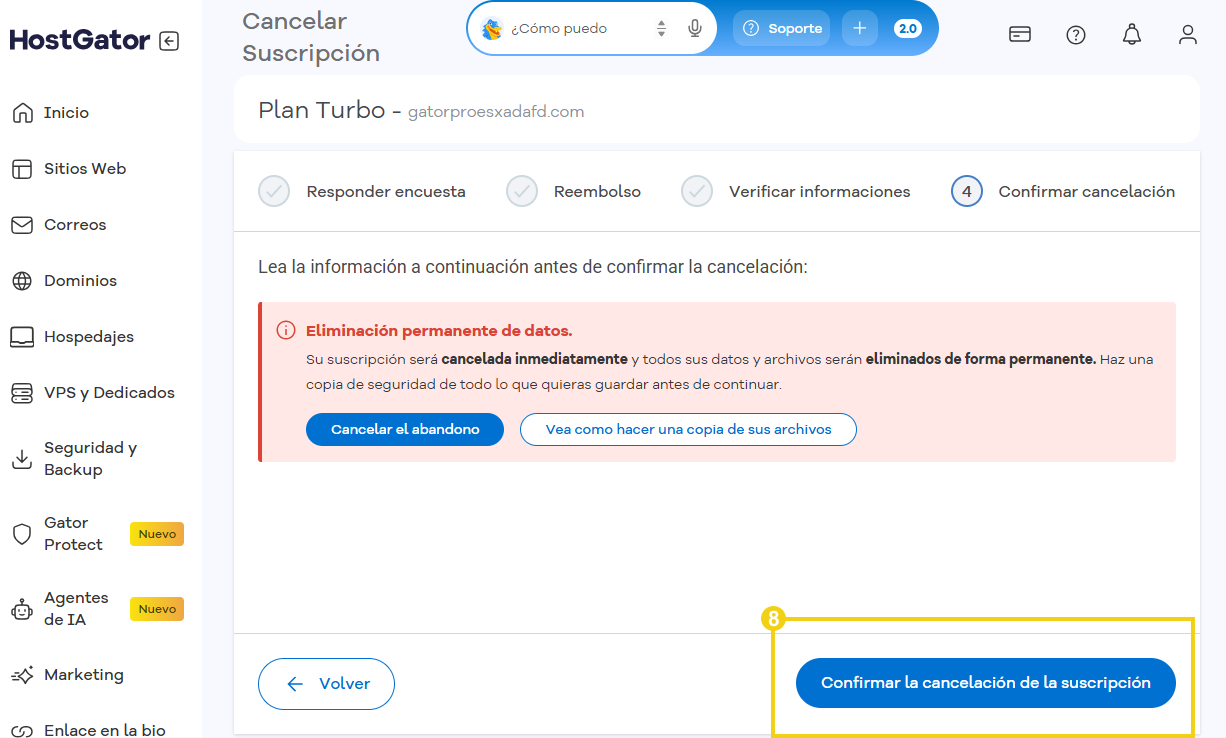 La imagen muestra la pantalla del Portal del Cliente con la opción de hablar con especialistas para ayudarle a encontrar una solución y evitar la cancelación.