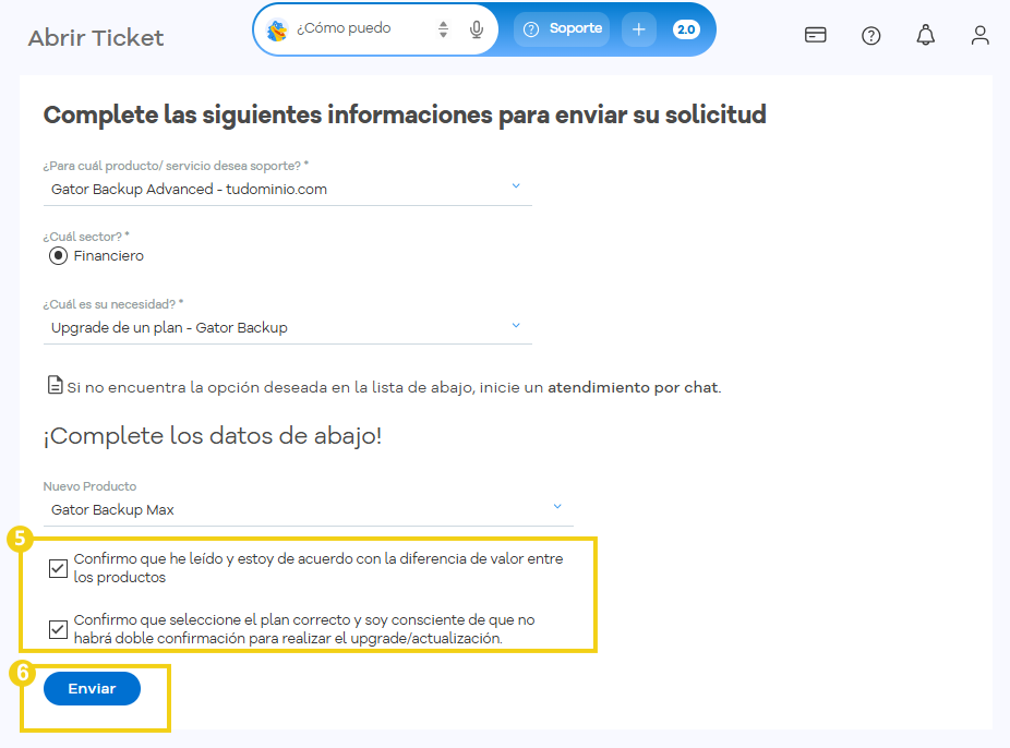La imagen muestra la pantalla del Portal del Cliente y el flujo para completar la apertura del ticket y enviarlo