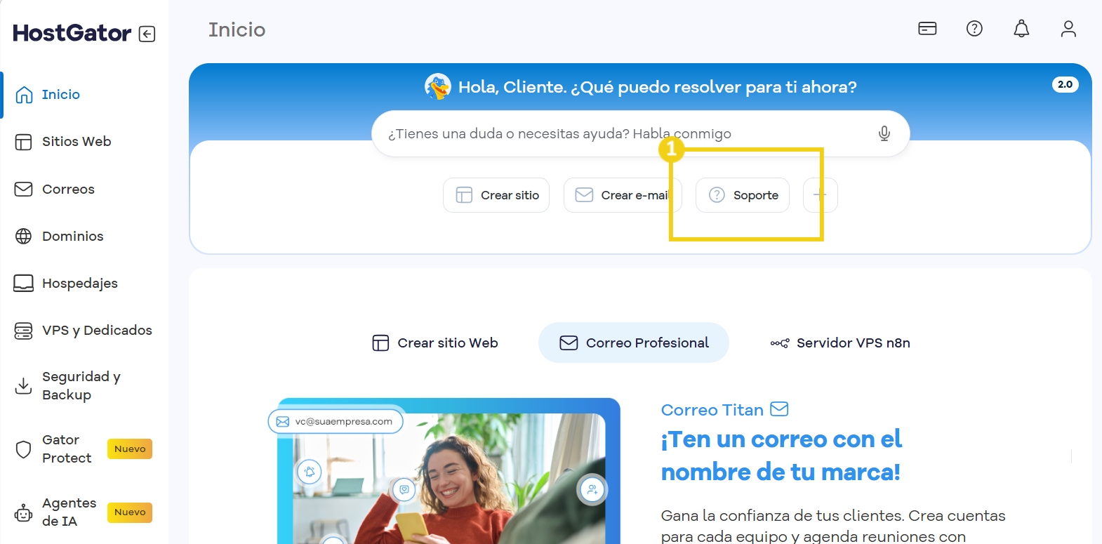 La imagen muestra la pantalla del Portal del Cliente con el botón "soporte" marcado