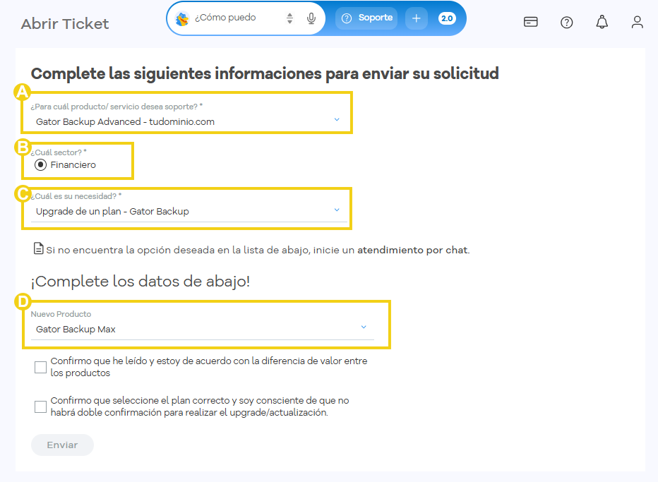 La imagen muestra la pantalla del Portal del Cliente y la pantalla de apertura de ticket con los campos que deben completarse
