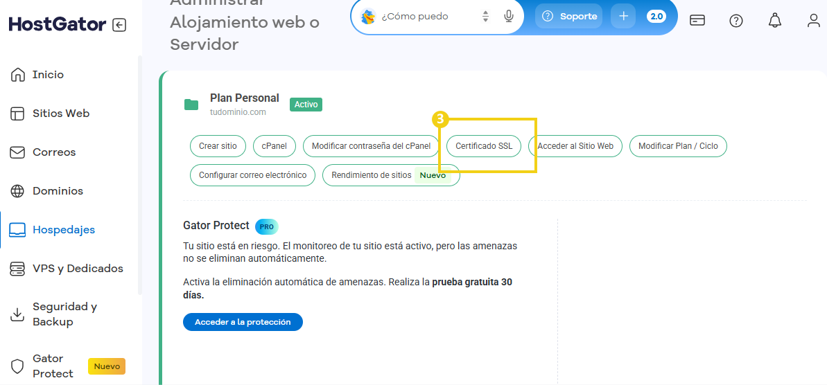 Portal del Cliente — opción Certificado SSL destacada en el menú de administración