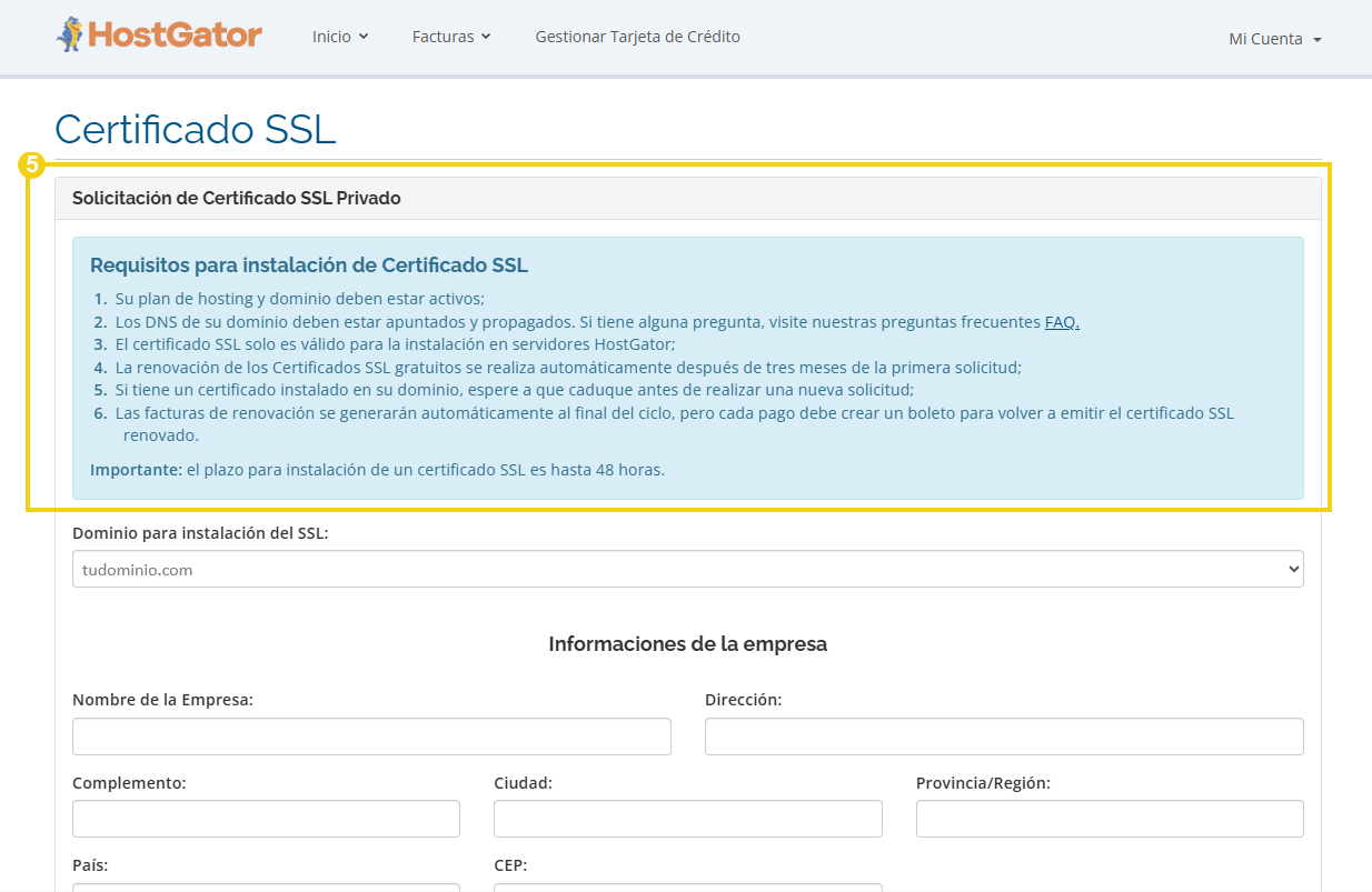 Formulario de solicitud del SSL indicando los requisitos de instalación