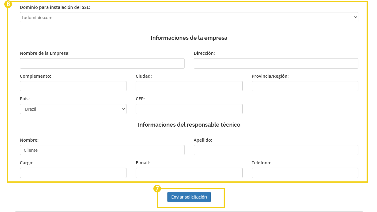 Formulario de cumplimentación para la solicitud del SSL