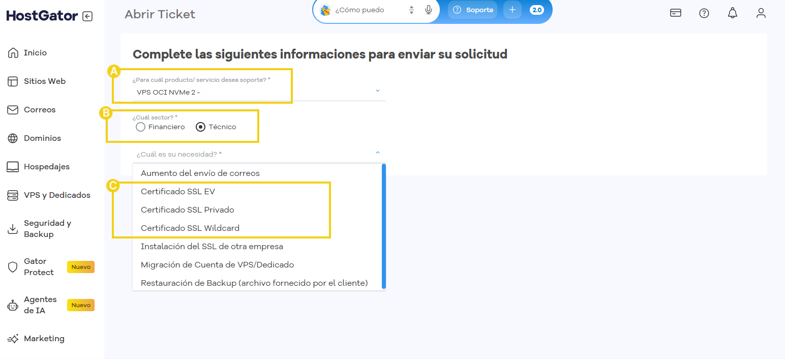 Imagen de la pantalla de apertura de tickets de HostGator, destacando los campos para solicitar un certificado SSL.