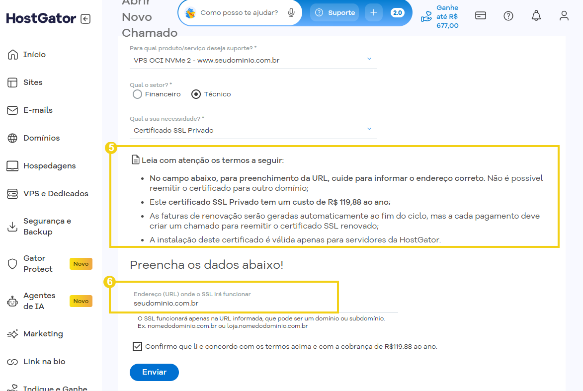 Formulario de solicitud del certificado SSL destacando la información relacionada con los términos