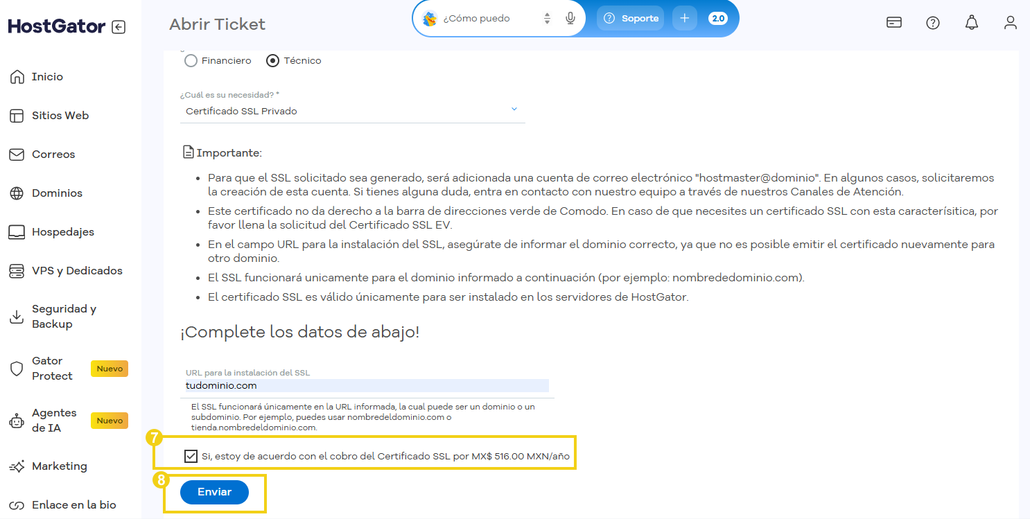 Formulario de solicitud del certificado SSL destacando la opción acepto términos y botón enviar