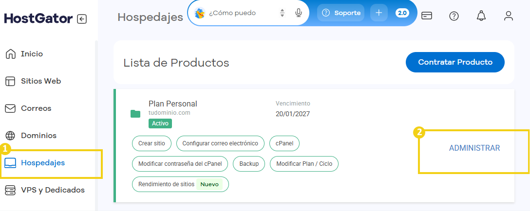 Portal del Cliente — gestión de hospedaje con opciones de administración