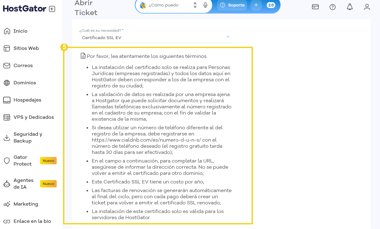 Información de términos del certificado SSL en el Portal del Cliente