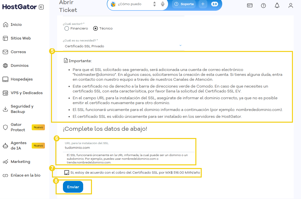 Términos para la solicitud del SSL