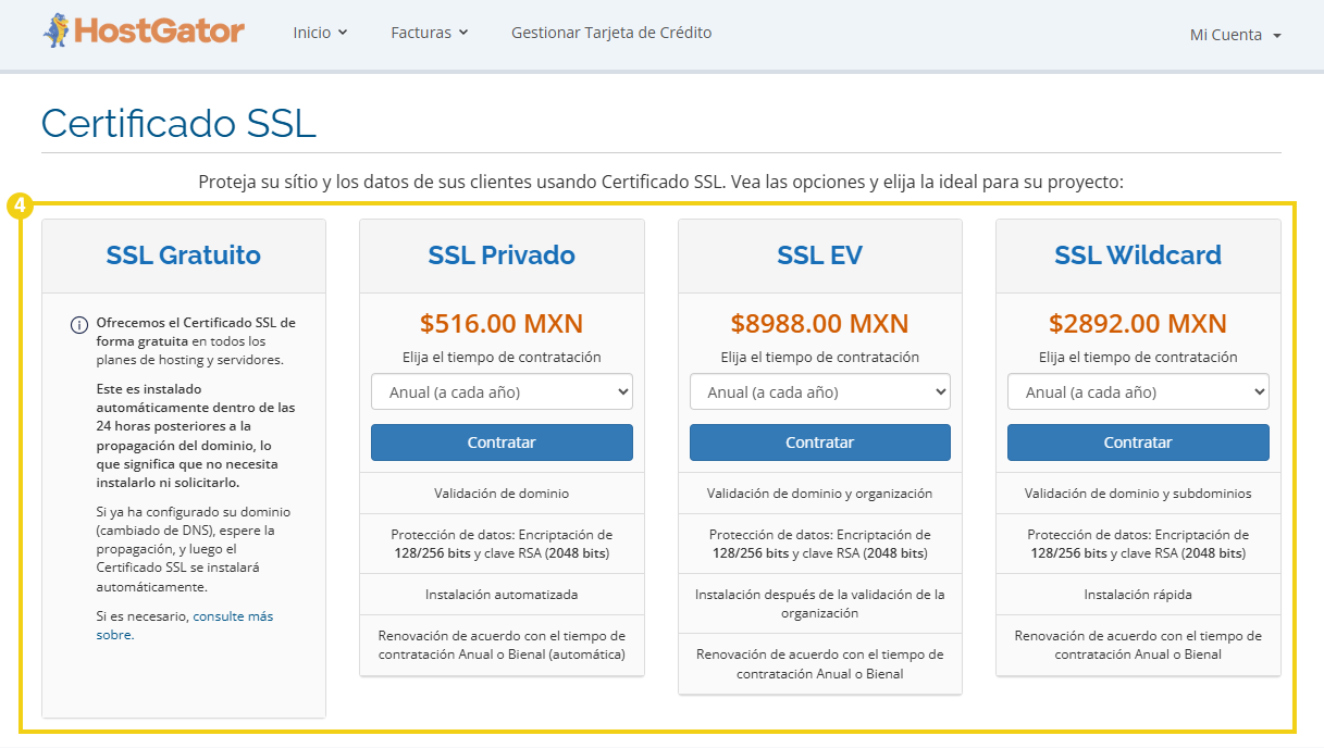 Información sobre los certificados SSL disponibles para contratación