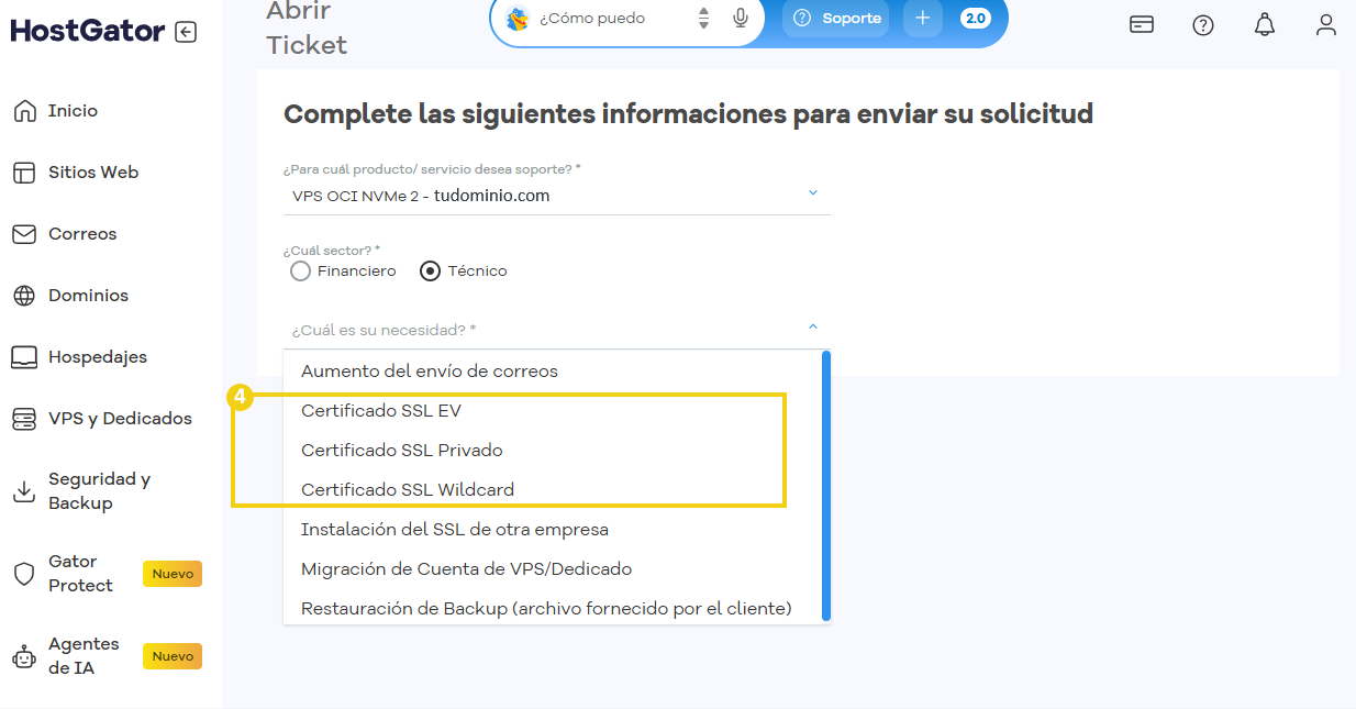 Pantalla de apertura de ticket de HostGator destacando los campos para la solicitud de certificado SSL