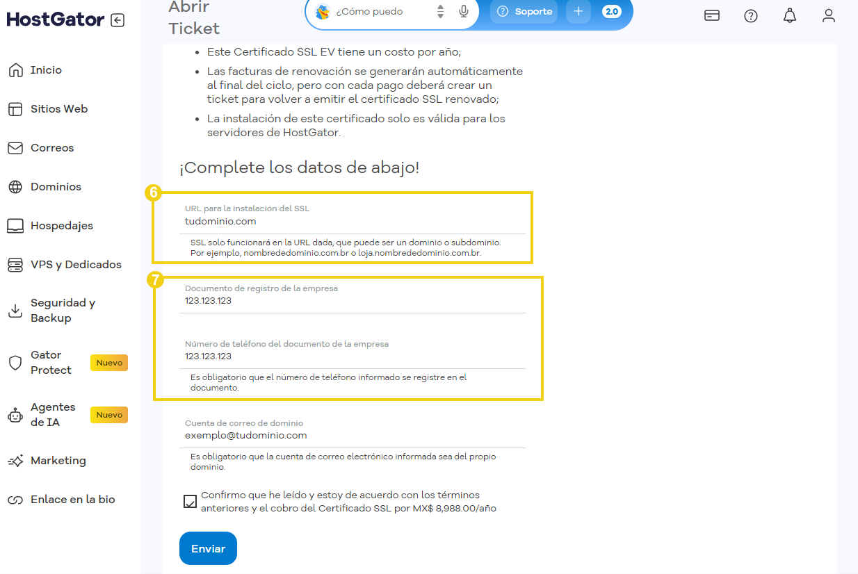 Imagen del formulario para solicitar el certificado SSL.