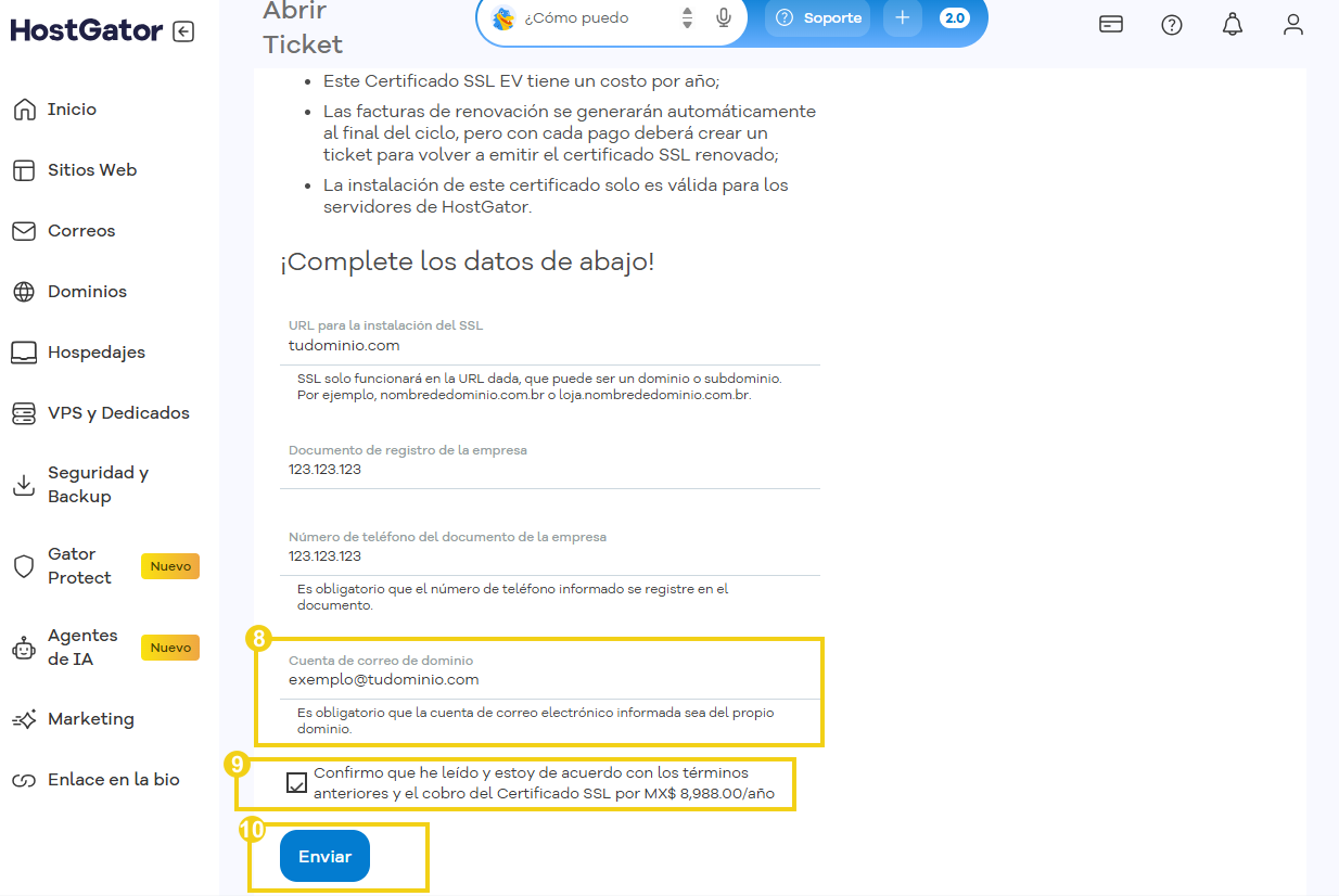 Formulario de cumplimentación para la solicitud del SSL