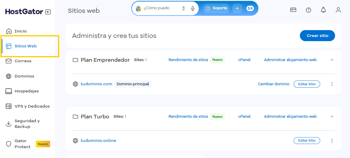 Pantalla Sitios del Portal del Cliente