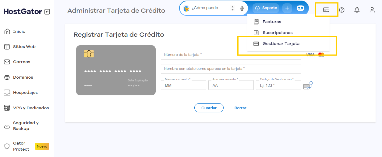 Pantalla Administrar Tarjeta del Portal del Cliente