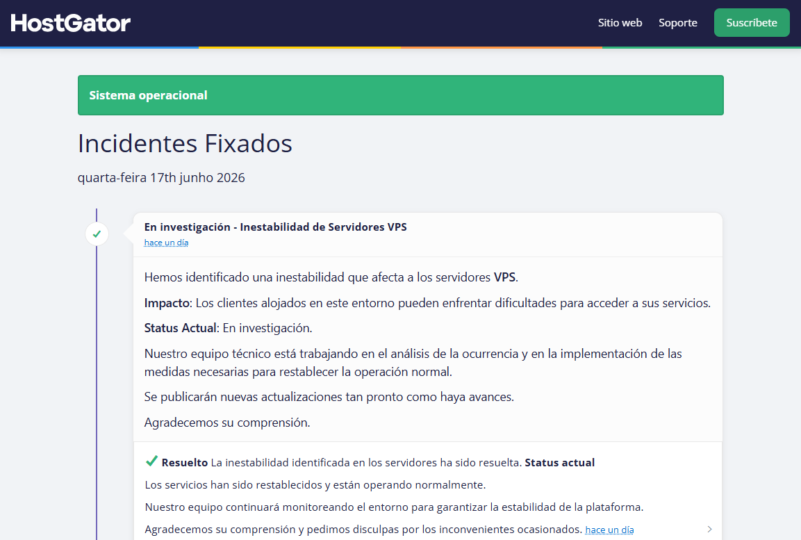 Pantalla con el estado de los servicios