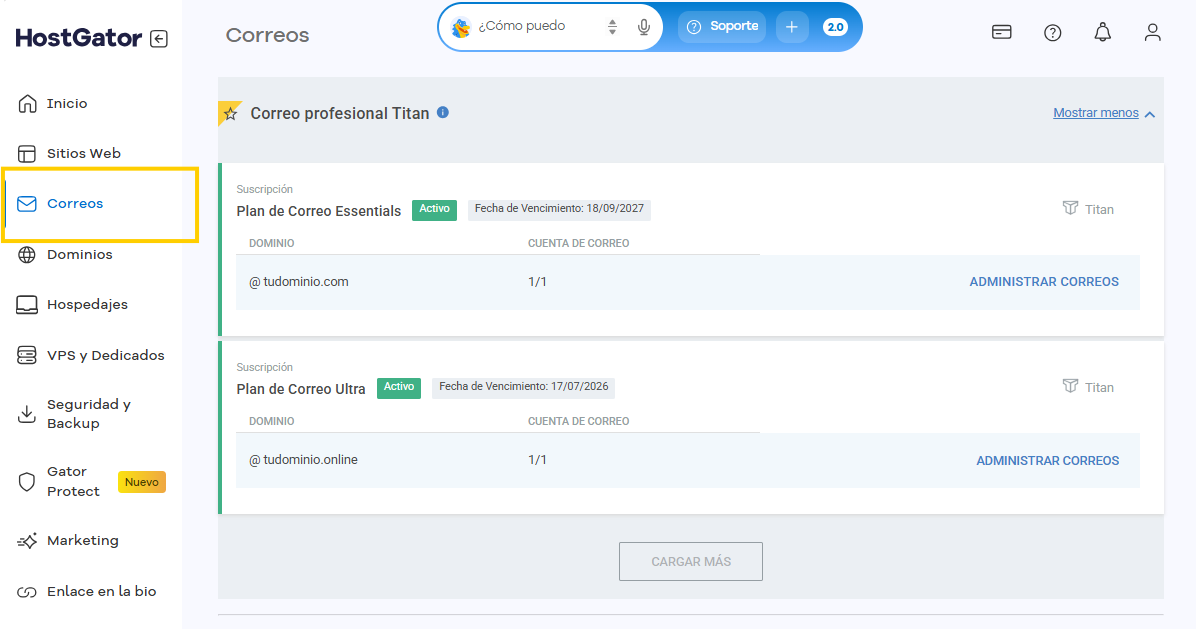 Pantalla Correos electrónicos del Portal del Cliente
