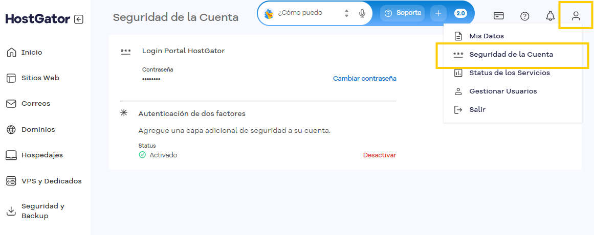 Pantalla Seguridad de la cuenta del Portal del Cliente