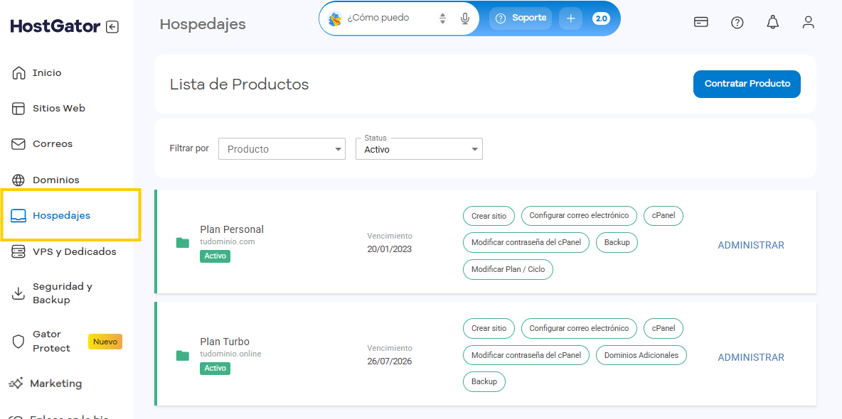 Pantalla Alojamientos del Portal del Cliente