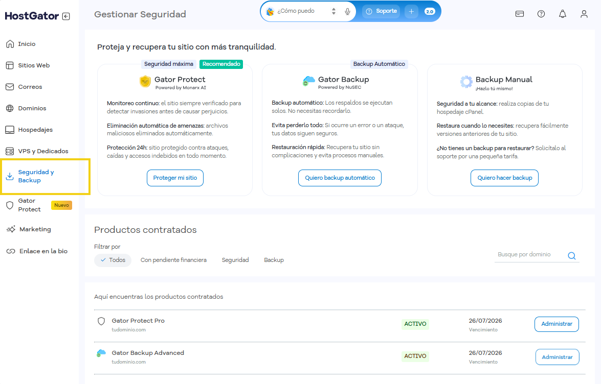 Pantalla Seguridad y Backup del Portal del Cliente