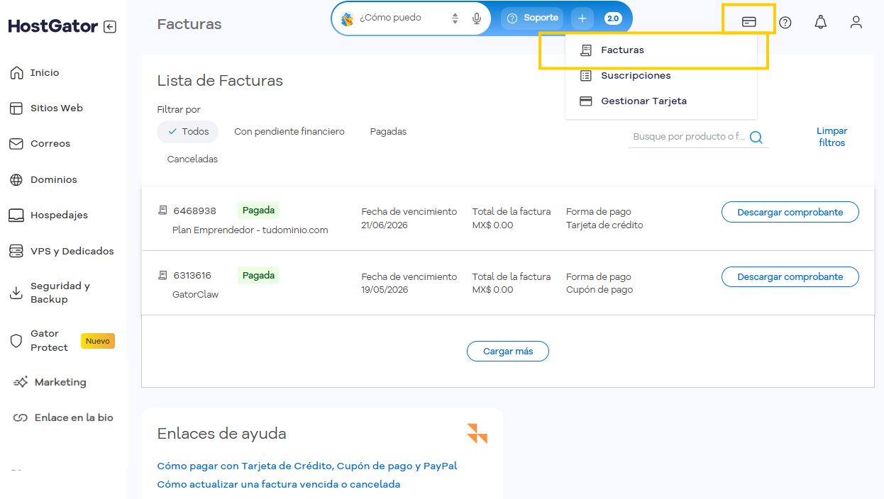 Pantalla Facturas del Portal del Cliente