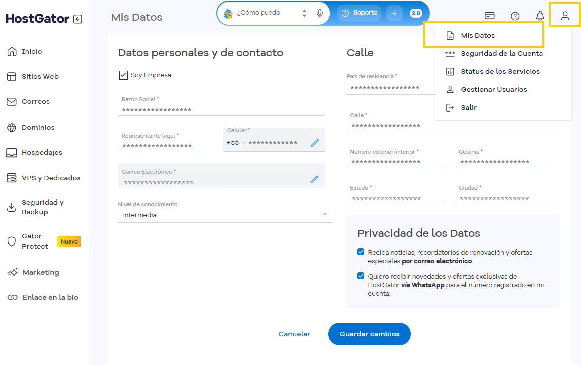 Pantalla Mis datos del Portal del Cliente