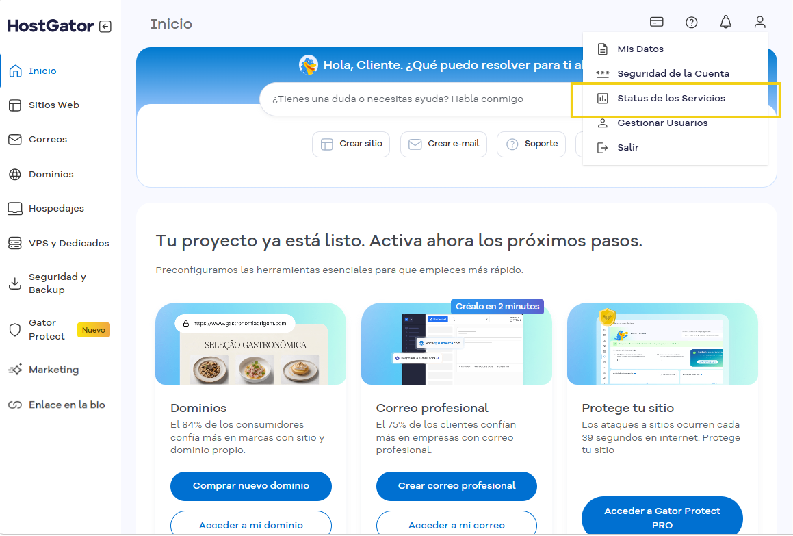 Pantalla Estado de los servicios del Portal del Cliente