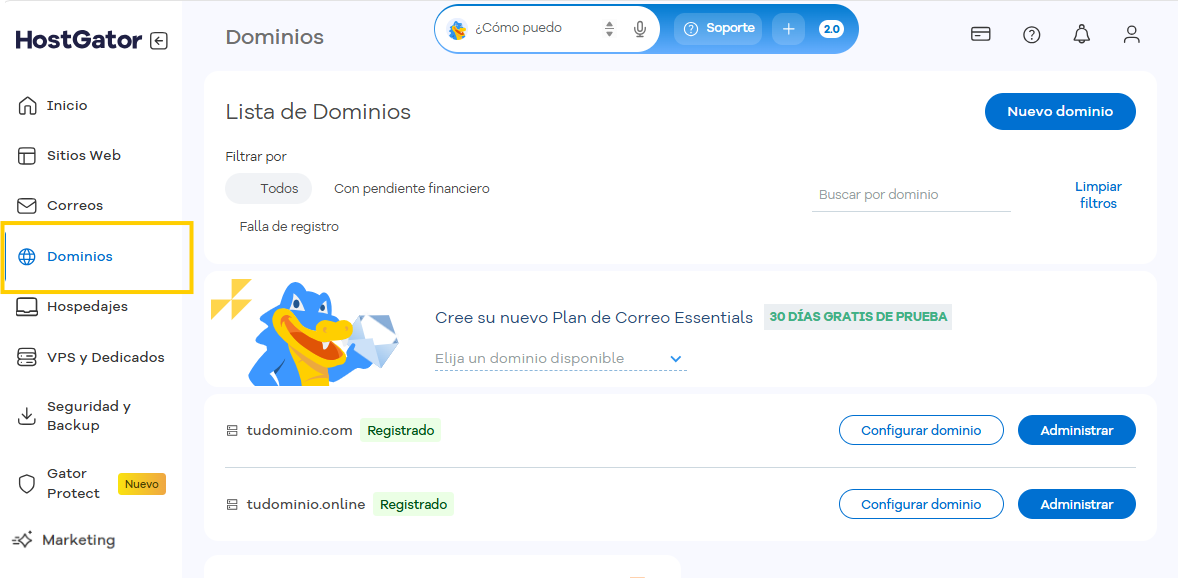 Pantalla Dominios del Portal del Cliente