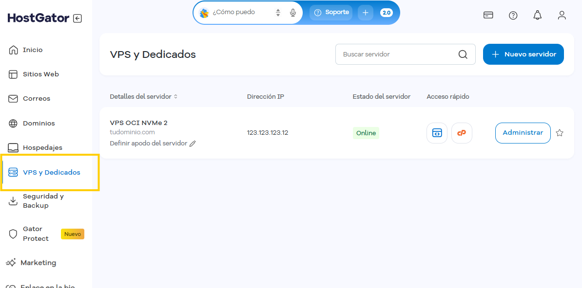Pantalla VPS y Dedicados del Portal del Cliente