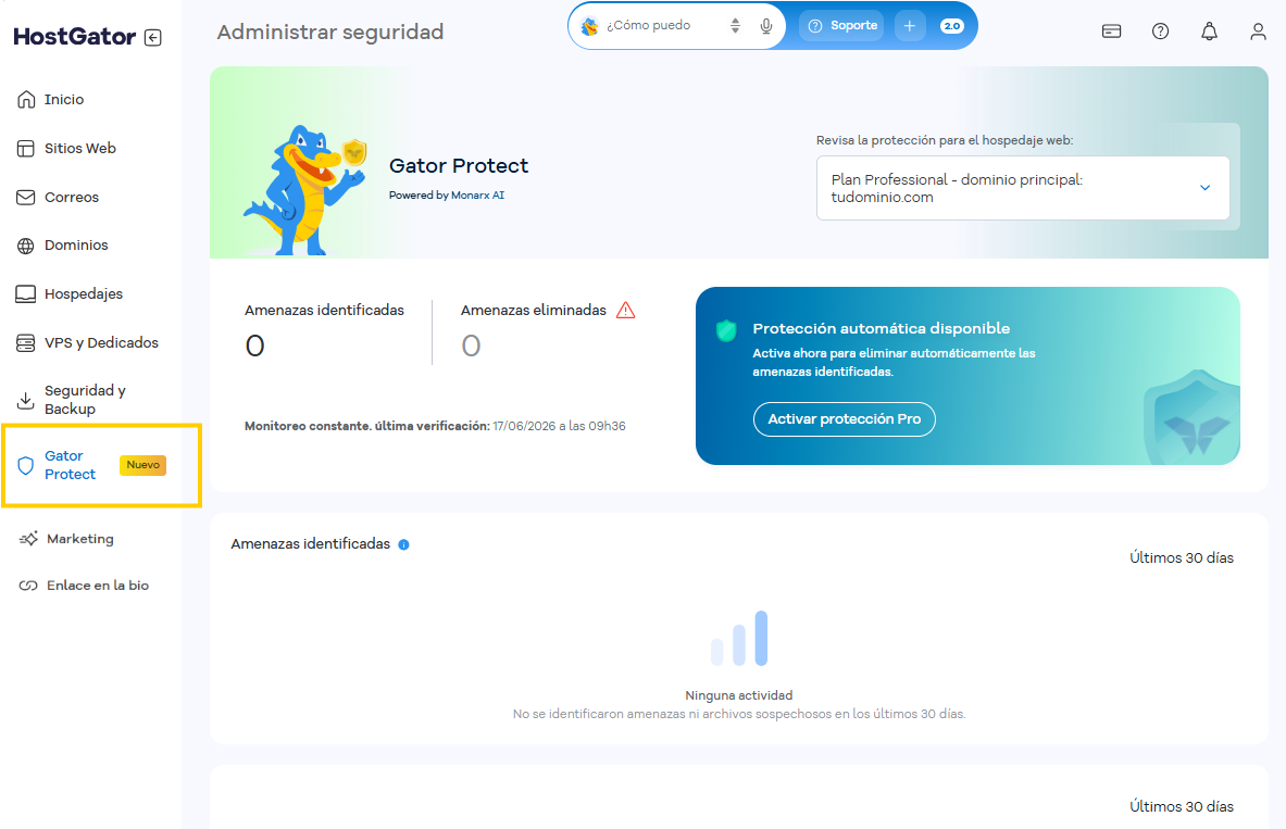 Pantalla Gator Protect del Portal del Cliente