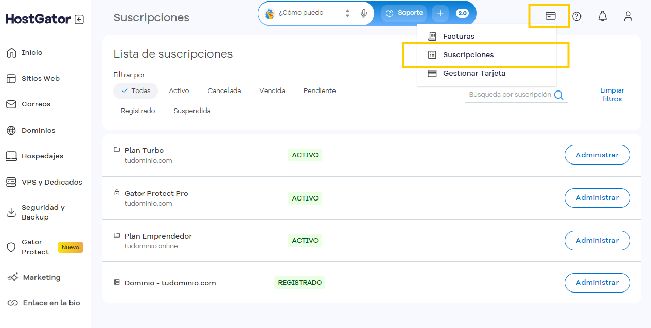 Pantalla Suscripciones del Portal del Cliente